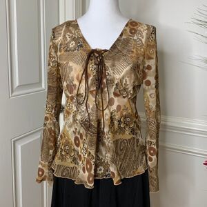 Vintage 90’s Ssada floral brown sheer babydoll top with flared sleeves